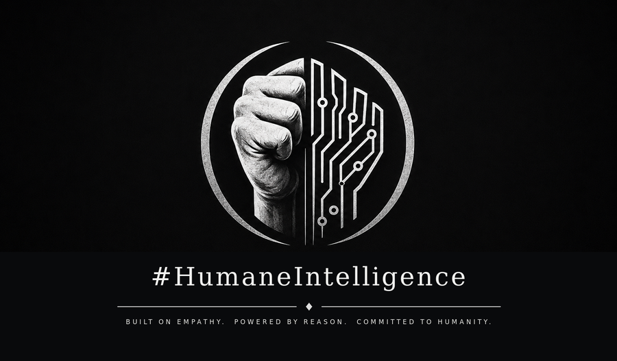 #HumaneIntelligence — a human fist joined with machine circuitry. Built on empathy, powered by reason, committed to humanity.